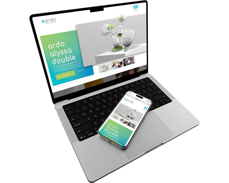 Startseite und Produktdetailseite der ardo Switzerland Website Startseite und Produktdetailseite der ardo Switzerland Website