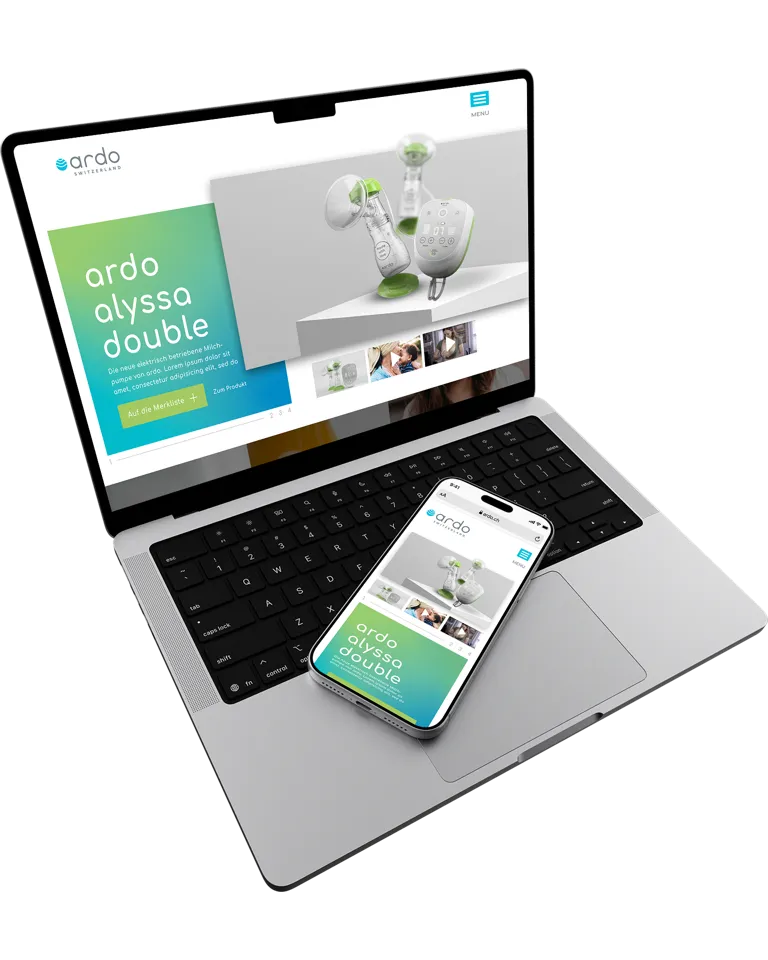Startseite und Produktdetailseite der ardo Switzerland Website Startseite und Produktdetailseite der ardo Switzerland Website