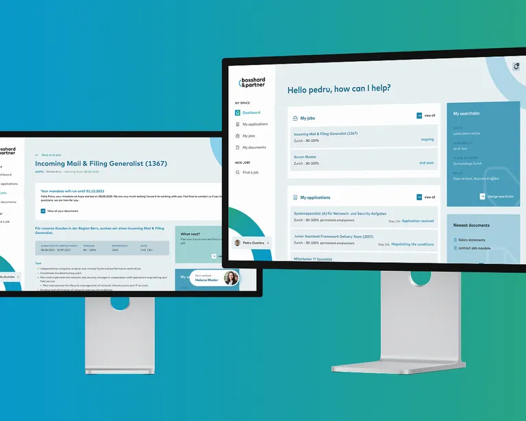 Startseite und Jobübersichtseite der Recruiting Webapplikation für Bosshard und Partner