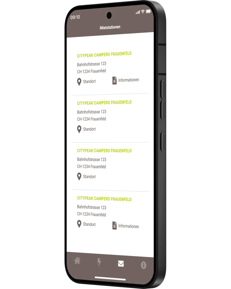 Mietstationenübersicht der Citypeak Mobile App