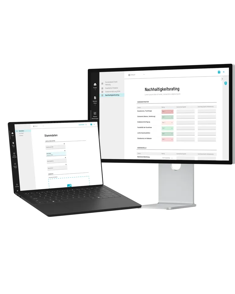 Formular- und Nachhaltigkeitsratingsansicht der Emch + Berger Webapplikation Formular- und Nachhaltigkeitsratingsansicht der Emch + Berger Webapplikation
