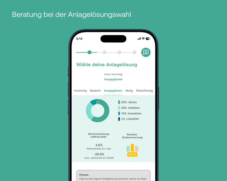 Beratungsseite zur Anlagelösungswahl in der Findependent Mobile App Beratungsseite zur Anlagelösungswahl in der Findependent Mobile App
