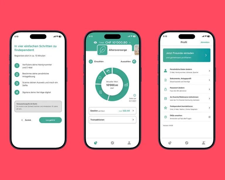 Onboarding, Start- und Profil Ansicht der Findependent Mobile App Onboarding, Start- und Profil Ansicht der Findependent Mobile App