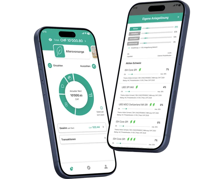 Dashboard und Anlagelösungskonfigurationsseite der Findependent Mobile App Dashboard und Anlagelösungskonfigurationsseite der Findependent Mobile App