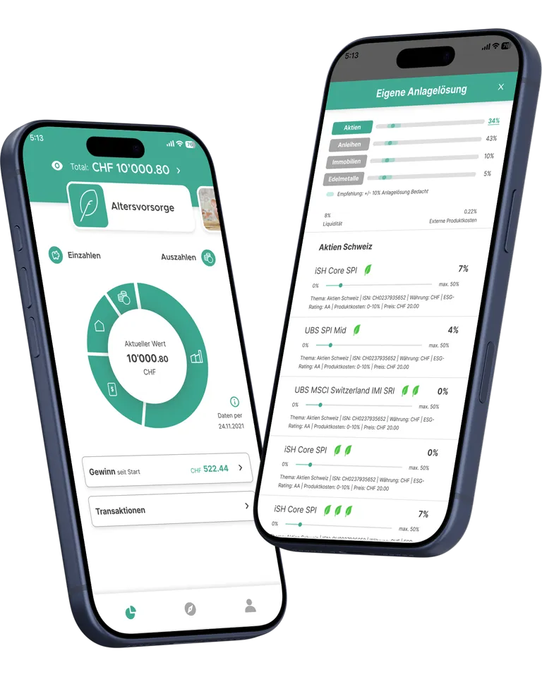 Dashboard und Anlagelösungskonfigurationsseite der Findependent Mobile App Dashboard und Anlagelösungskonfigurationsseite der Findependent Mobile App