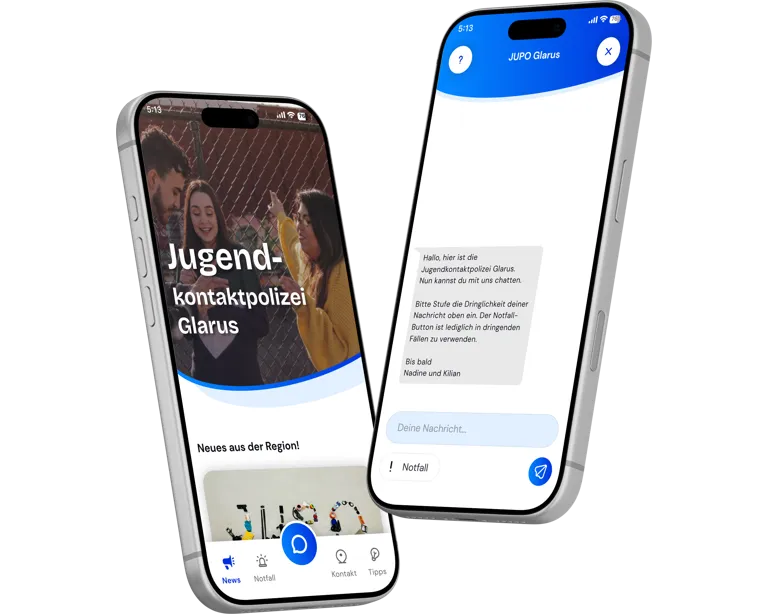 Start- und Chatansicht der Jugendkontaktpolizei Glarus Mobile App