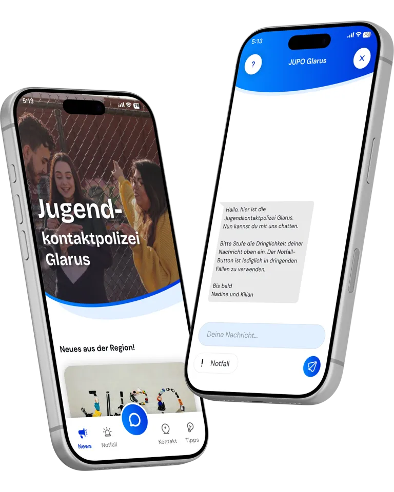 Start- und Chatansicht der Jugendkontaktpolizei Glarus Mobile App