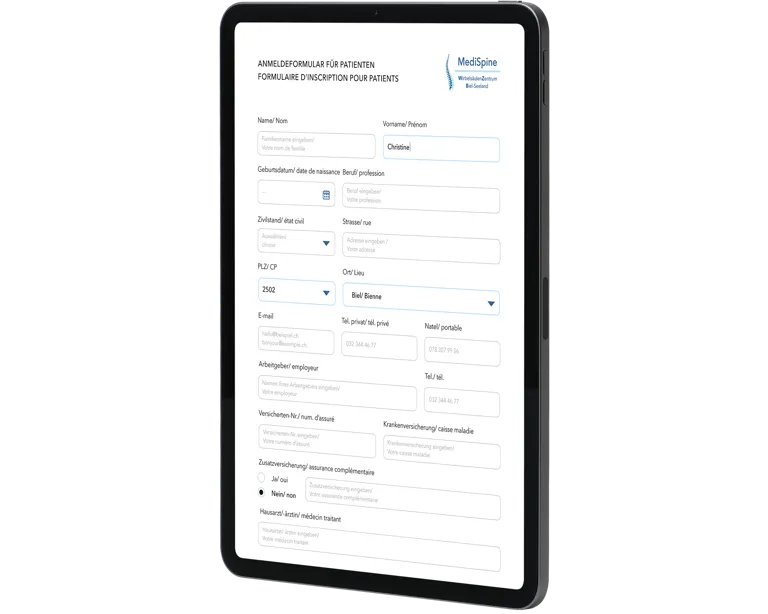 Anmeldeformular für Patienten in der Webapplikation des MediSpine Wirbelsäulenzentrums Biel-Seeland
