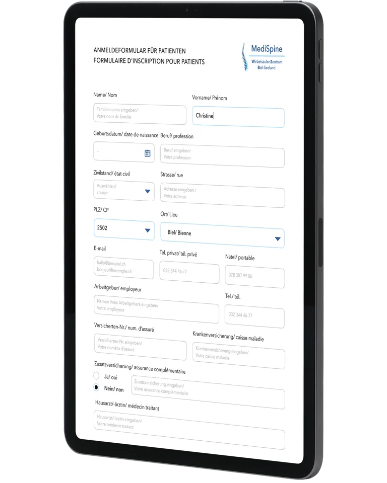Anmeldeformular für Patienten in der Webapplikation des MediSpine Wirbelsäulenzentrums Biel-Seeland