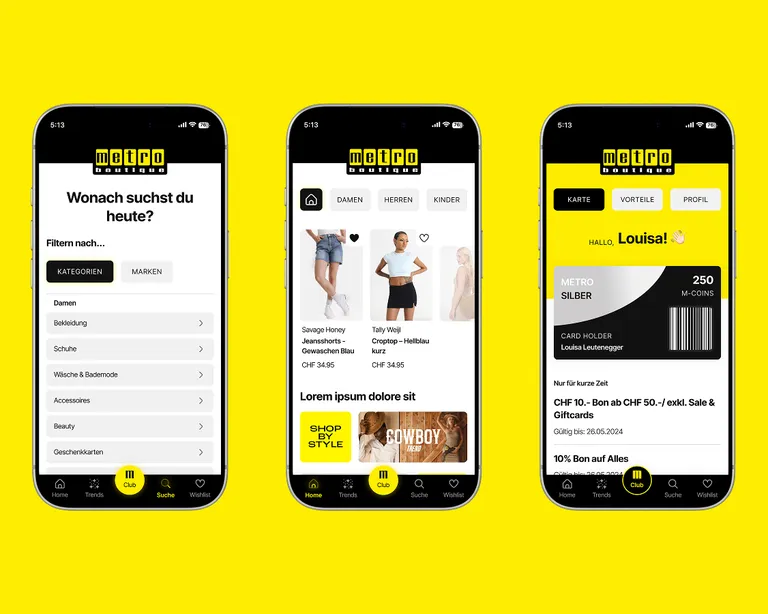 Suche, Start- und Club Ansicht der Metro Boutique Mobile App Suche, Start- und Club Ansicht der Metro Boutique Mobile App
