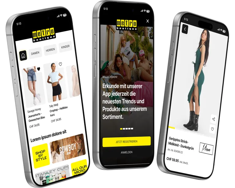 Start- Splash- und Produktdetailansicht der Metro Boutique Mobile App