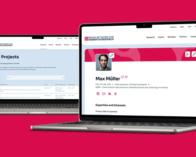 Start- und Projektübersichtsseite der Swiss Dementia Network Website