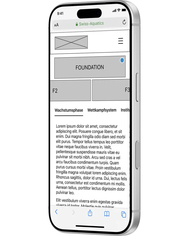 Wireframe der Navigationsstruktur der Swiss Aquatics Trainingsplattform Mobile App