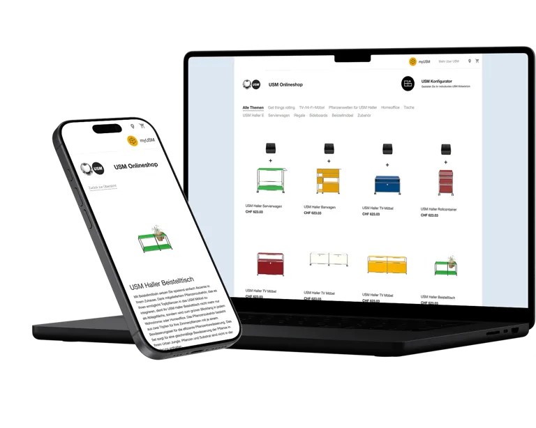 Desktop und Mobile Ansicht des USM Online Shops Desktop und Mobile Ansicht des USM Online Shops