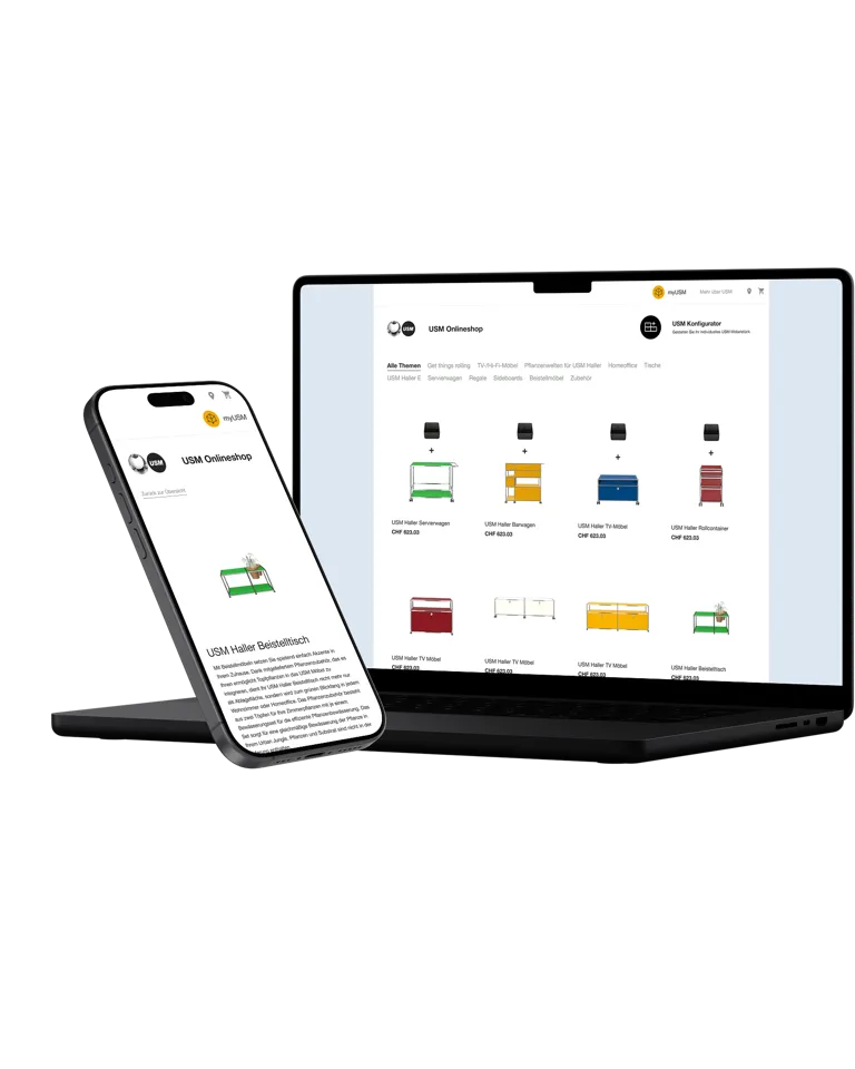 Desktop und Mobile Ansicht des USM Online Shops Desktop und Mobile Ansicht des USM Online Shops