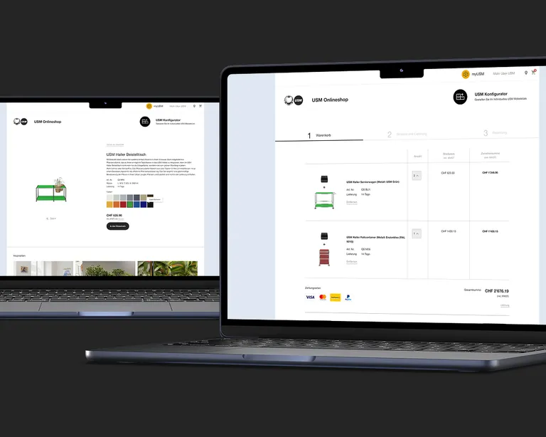 Warenkorb- und Produktdetailansicht des USM Online Shops Warenkorb- und Produktdetailansicht des USM Online Shops