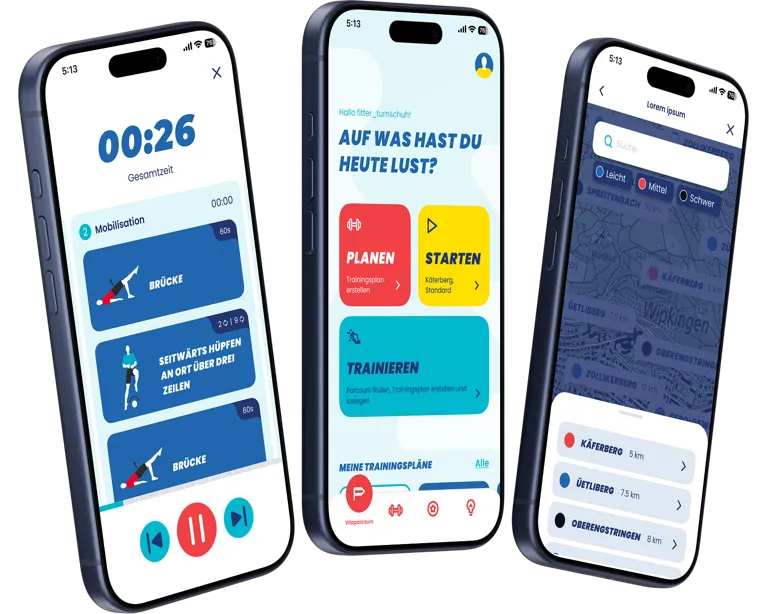 Dashboard, Postenansicht und Parcoursfinder der Zurich Vitaparcours Mobile App Dashboard, Postenansicht und Parcoursfinder der Zurich Vitaparcours Mobile App