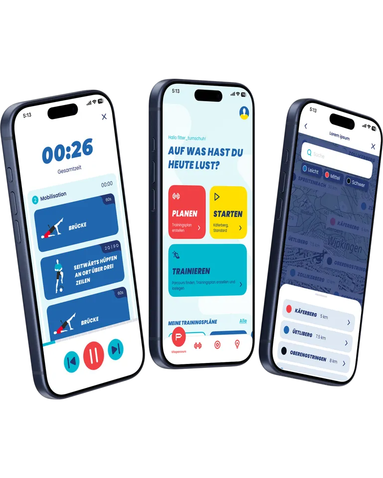 Dashboard, Postenansicht und Parcoursfinder der Zurich Vitaparcours Mobile App Dashboard, Postenansicht und Parcoursfinder der Zurich Vitaparcours Mobile App
