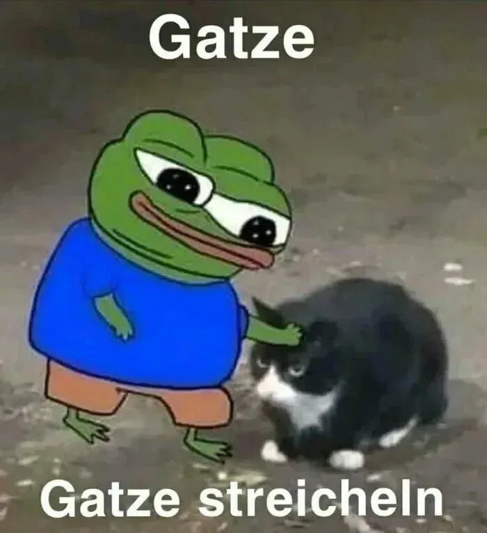 Comicfigur streichelt eine sitzende Katze und lächelt dabei freundlich. Comicfigur Pepe der Frosch mit ausgestrecktem Arm neben einer schwarz-weissen Katze auf dem Boden, Text: "Gatze Gatze streicheln".