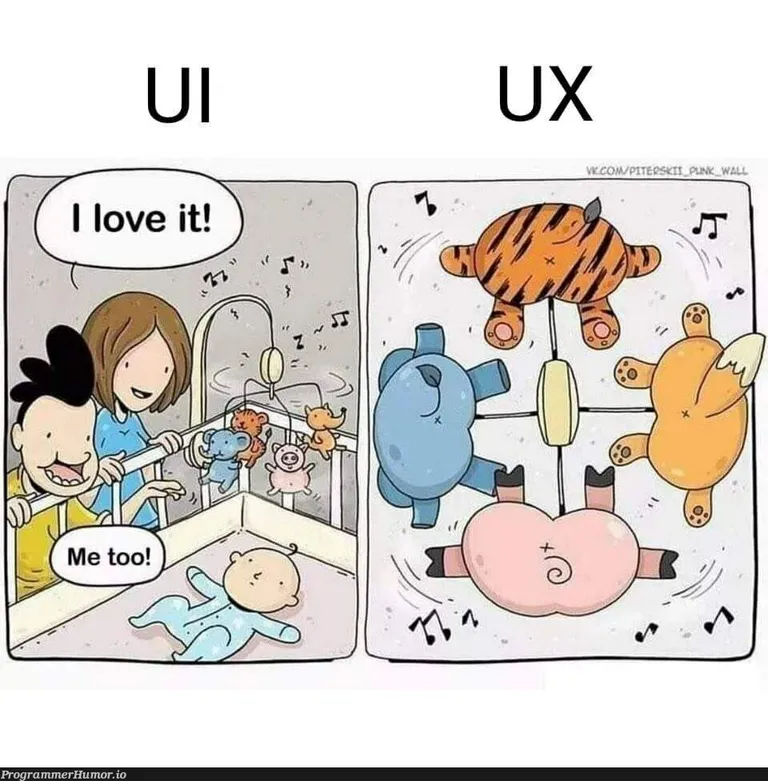 Comic zur Veranschaulichung des Unterschieds zwischen UI und UX bei einem Baby-Mobile Zwei Panels: Erwachsene freuen sich über ein buntes Mobile, aus Babysicht sind nur die Unterseiten der Tiere sichtbar.