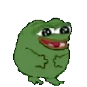 Fröhlicher, tanzender Frosch mit grossen Augen und breitem Lächeln. Grüne, rundliche Cartoon-Figur mit grossen Augen und breitem Lächeln vor schwarzem Hintergrund.