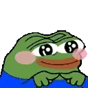 Frosch-Cartoonfigur mit grossen, glänzenden Augen, rosa Wangen und blauem Shirt auf rosafarbenem Hintergrund.