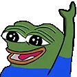Froschfigur mit grossen Augen und breitem Lächeln hebt einen Arm, und winkt zum Abschied, trägt ein blaues Shirt vor schwarzem Hintergrund.