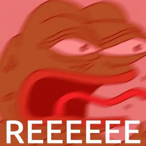 Verschwommener, schreiender Frosch-Cartoon mit aufgerissenem Mund, rotem Gesicht und grossem weissem Text „REEEEE“.